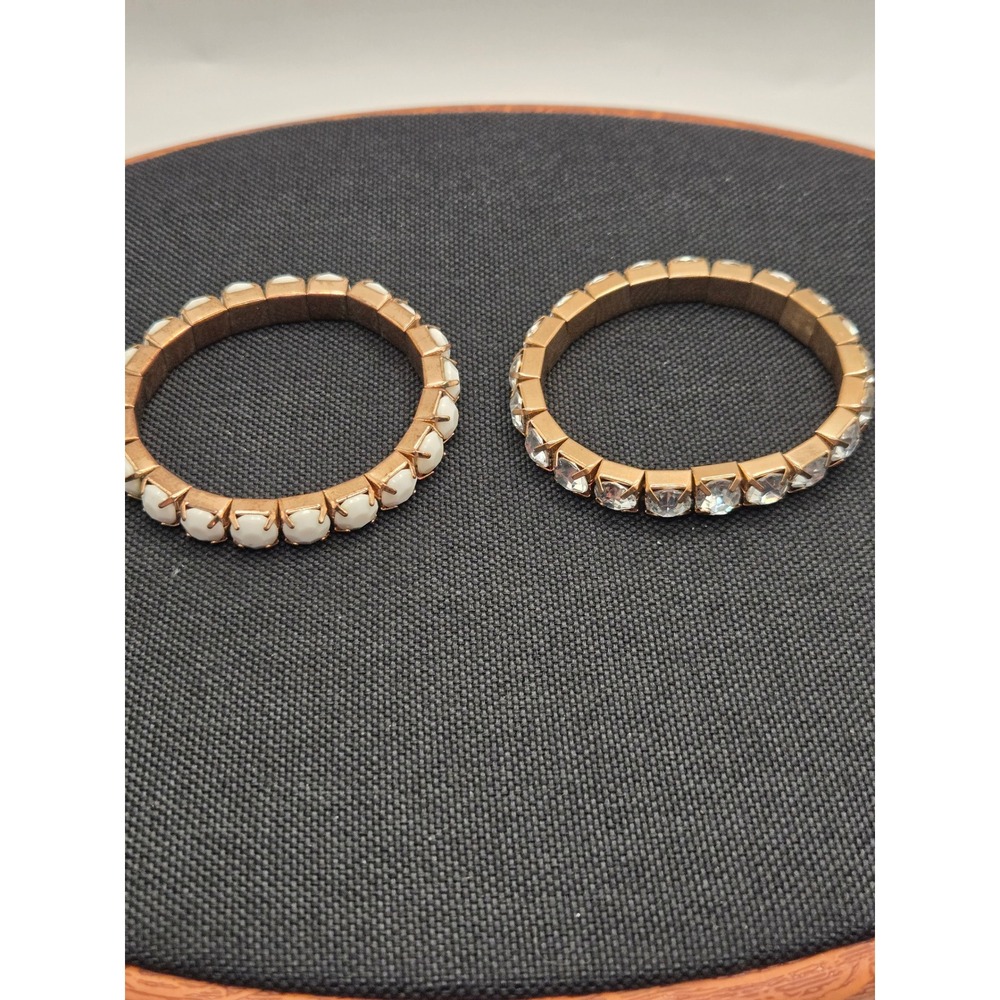 Vintage White Milk Glass & Clear Crystal Eternity Ring Set Rose Gold Tone 6.25